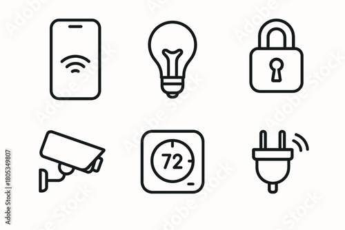 Smart home icons: smartphone, lightbulb, lock, camera, thermostat, plug