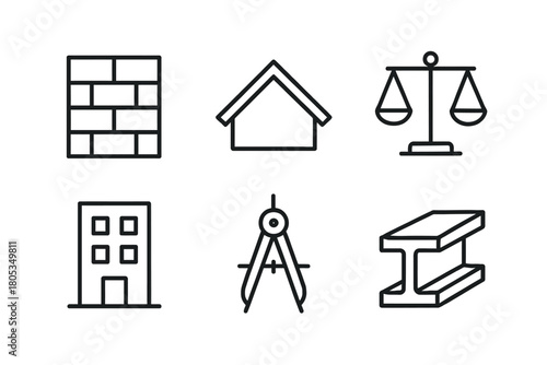 Architecture and construction icons: brick, house, scales, building, compass, beam