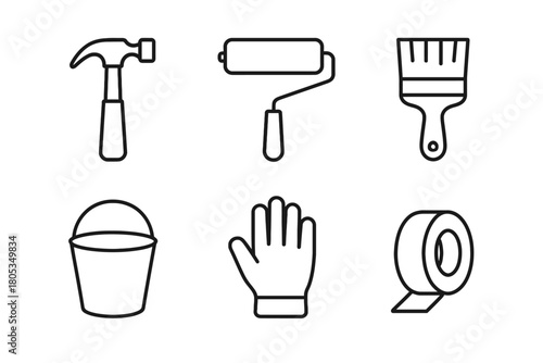 Collection of home improvement tools: hammer, roller, brush, bucket, glove, tape