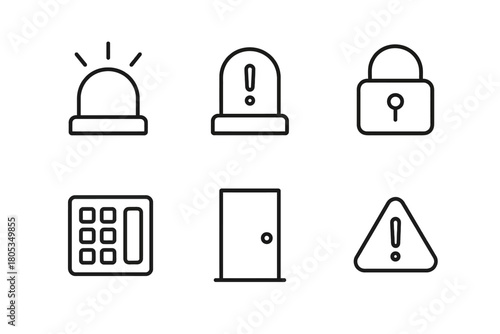 Minimalist security icons: alarm, lock, keypad, door, warning signs