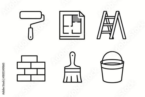 Construction tools icons: paint roller, blueprint, ladder, brick, brush, bucket