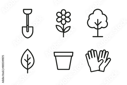 Simple gardening icons: shovel, flower, tree, leaf, pot, gloves