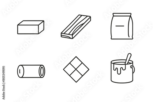 Building materials icons: brick, plank, cement bag, log, tiles, paint can
