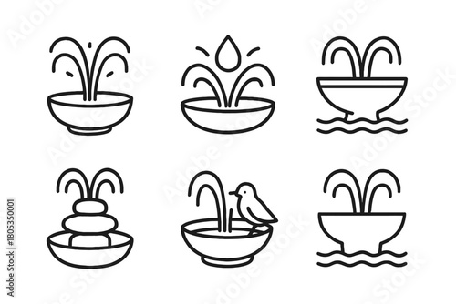 Minimalist fountain icons – water designs featuring bowls, rocks, and birds