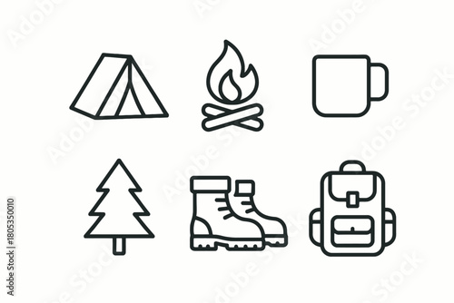 Camping essentials: tent, campfire, mug, tree, boots, backpack icons