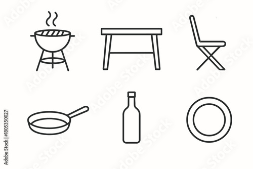 Simple outline icons: bbq grill, table, chair, pan, bottle, plate