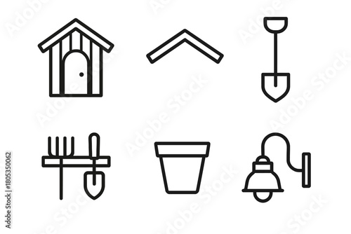 Gardening tools and structures outline illustration set