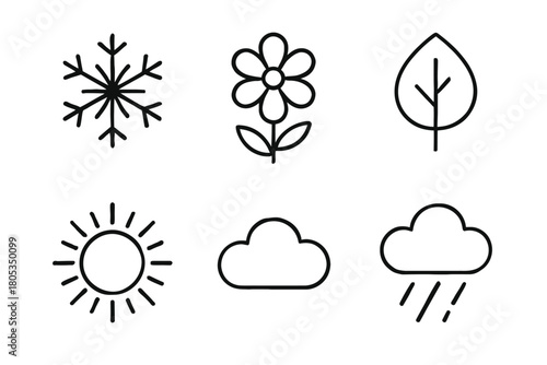 Minimalistic weather and nature icons: snowflake, flower, leaf, sun, cloud, rain