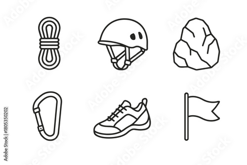 Rock climbing icons: helmet, rope, carabiner, shoe, rock, flag