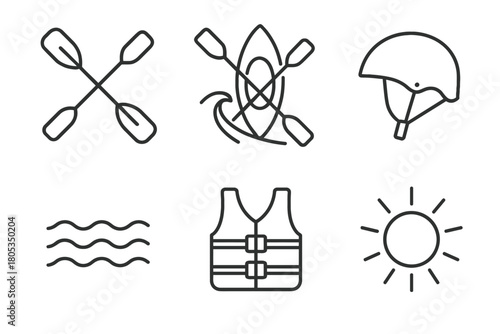 Kayaking essentials: paddle, helmet, vest, waves, sun - icon set