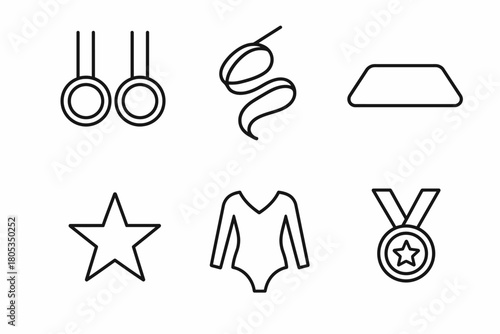 Gymnastics equipment icons set including rings, ribbon, balance beam, star, leotard, and medal