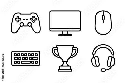 Gaming setup: console, screen, mouse, keyboard, trophy, headset icons