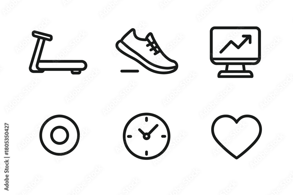 Fototapeta premium Fitness icons set: treadmill, running shoe, growth chart, donut, clock, heart symbol