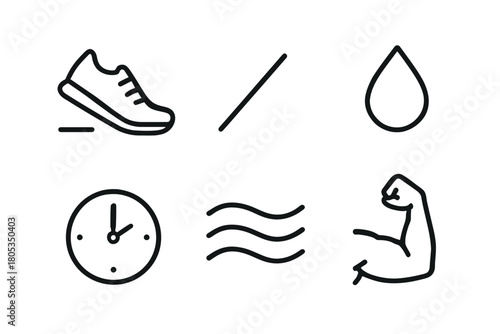 Minimalist fitness icons: running, hydration, time, flexing muscles, wind