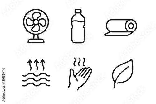 Minimalist icons of fan, bottle, yoga mat, steam, hands, and leaf