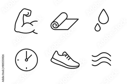 Fitness icons: muscle, yoga mat, water drop, clock, shoe, waves