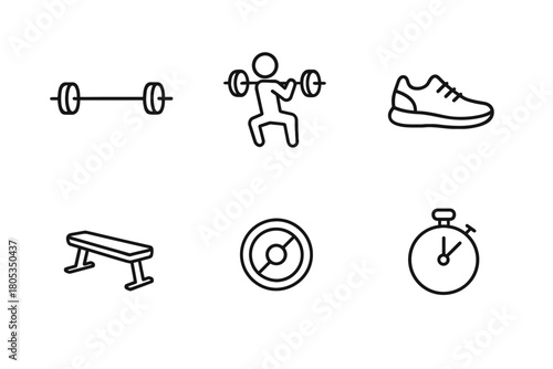 Fitness icons set: barbell, squats, shoe, bench, speedometer, stopwatch