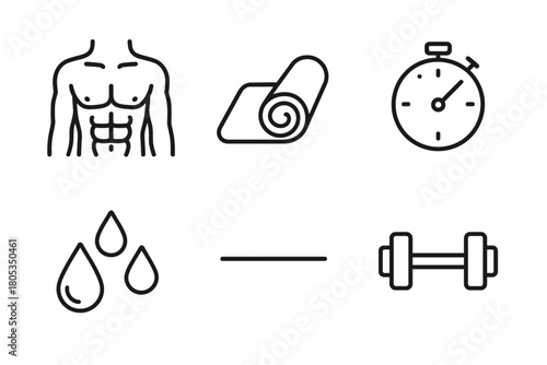 Fitness icon set with abs, yoga mat, stopwatch, sweat drops, and dumbbell