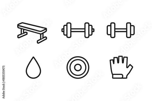 Gym equipment icons: bench, dumbbell, water drop, weight plate, fitness glove