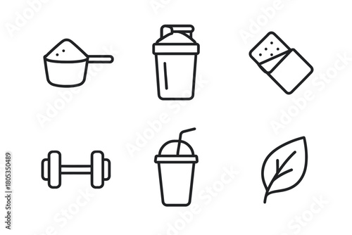 Fitness icons: dumbbell, protein powder, shaker, energy bar, smoothie, leaf