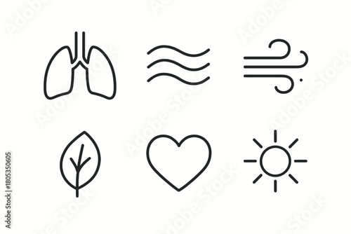 Minimalist icons: lungs, air, nature, heart, sun symbols