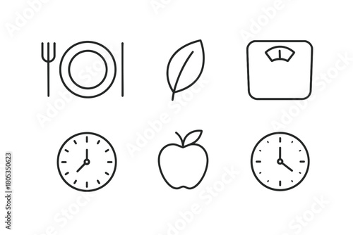 Healthy eating: balanced diet, nutrition, weight management, meal planning icons