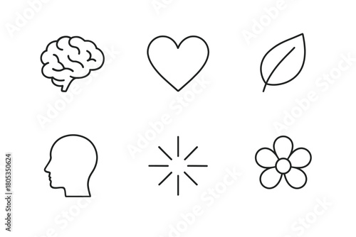 Mind heart nature icons: brain, heart, leaf, head, starburst, flower symbols