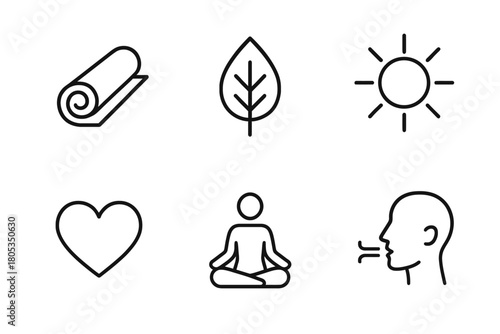 Minimalist icons: yoga, nature, sun, heart, meditation, breathing