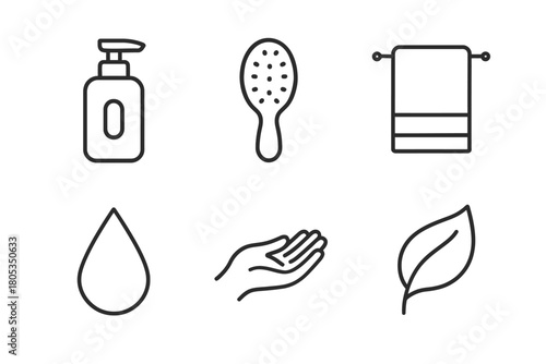 Minimalist bathroom essentials: soap dispenser, brush, towel, water, hand, leaf icons