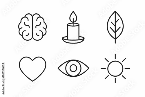 Minimalist icon set: brain, candle, leaf, heart, eye, sun