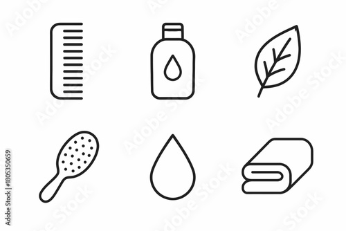 Set of minimalist icons for hair care: comb, shampoo, leaf, brush, water drop, towel
