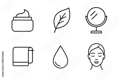 Skincare icons: cream, leaf, mirror, towel, water drop, female face outline