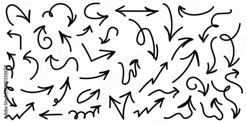 Stylized hand-drawn arrows on a white background.Simple Hand-Drawn Arrow Set Black Vector