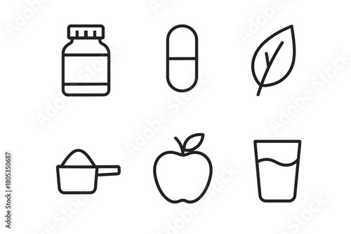 Icons set: supplement, pill, leaf, measuring spoon, apple, water glass