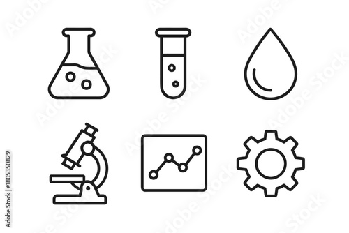 Science icons: beaker, test tube, water drop, microscope, graph, gear