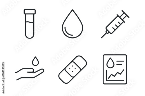 Blood donation icons: drop, test tube, syringe, bandage, report, hand