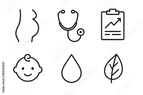 Pregnancy and healthcare icons: stethoscope, chart, baby, water drop, leaf