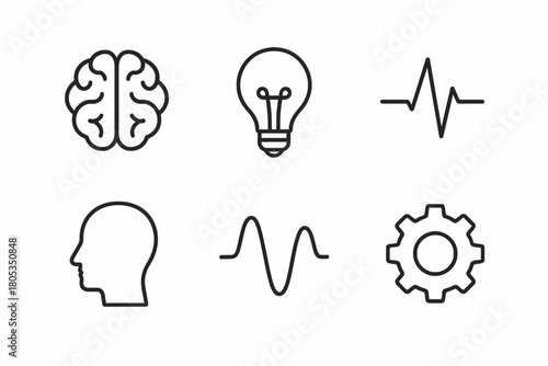 Simple line icons: brain, light bulb, heartbeat, head, wave, gear