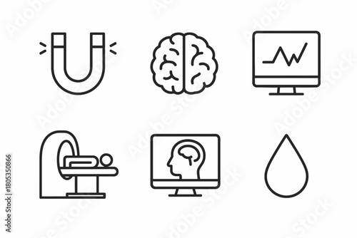 Medical technology icons: mri, brain, computer, and magnet