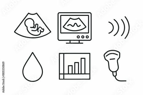 Ultrasound icons: fetal, monitor, sound waves, droplet, graph, probe