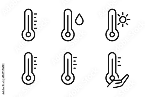 Simple thermometer icon set with temperature, weather, and hand variations