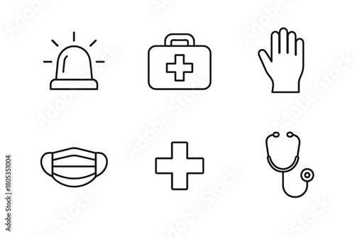 Medical icon set with emergency, first aid, protective gear, and healthcare symbols