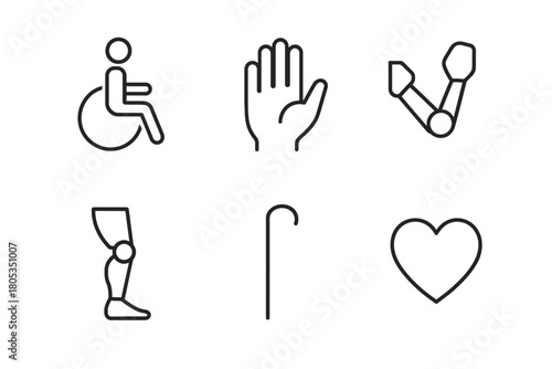 Disability icons: wheelchair, prosthetic, arm, leg, cane, heart symbols