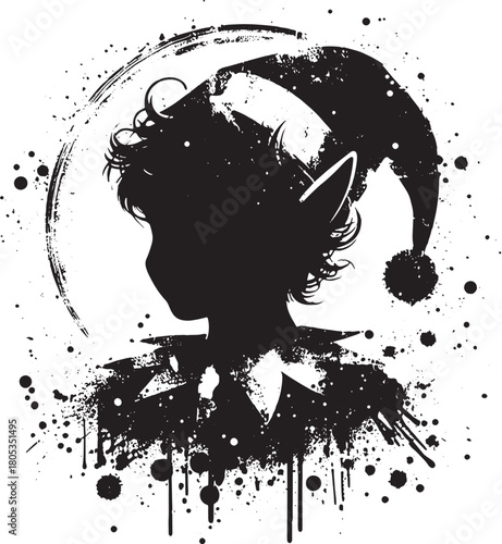 A bold black silhouette of a person wearing a Santa hat, surrounded by dynamic ink splatters and abstract shapes. This festive, edgy portrait conveys creativity, holiday spirit