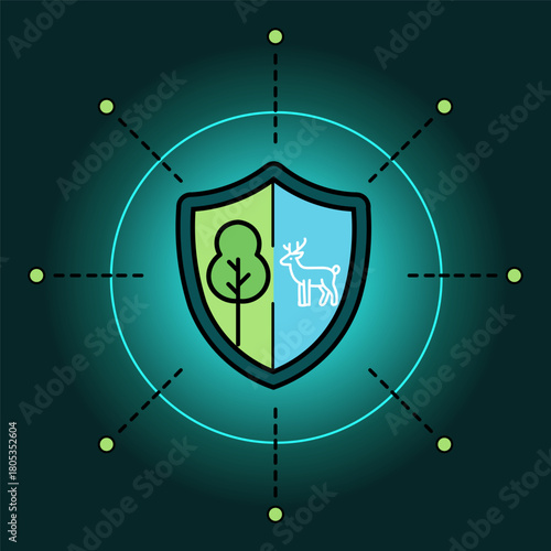 Protecting nature: Shield icon with tree and deer, environmental conservation concept