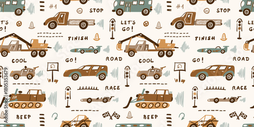 Toy Racing Cars, Heavy Construction Trucks and Traffic Signs Vector Seamless Pattern. Doodle Transportation Background for Kids in Earth Colors.
