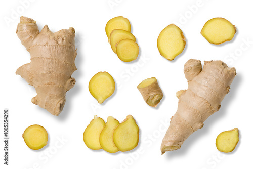 Collection of fresh ginger root and sliced ginger pieces isolated on a transparent background, PNG. High resolution. Perfect for culinary, healthy eating concepts, natural medicine and product design,