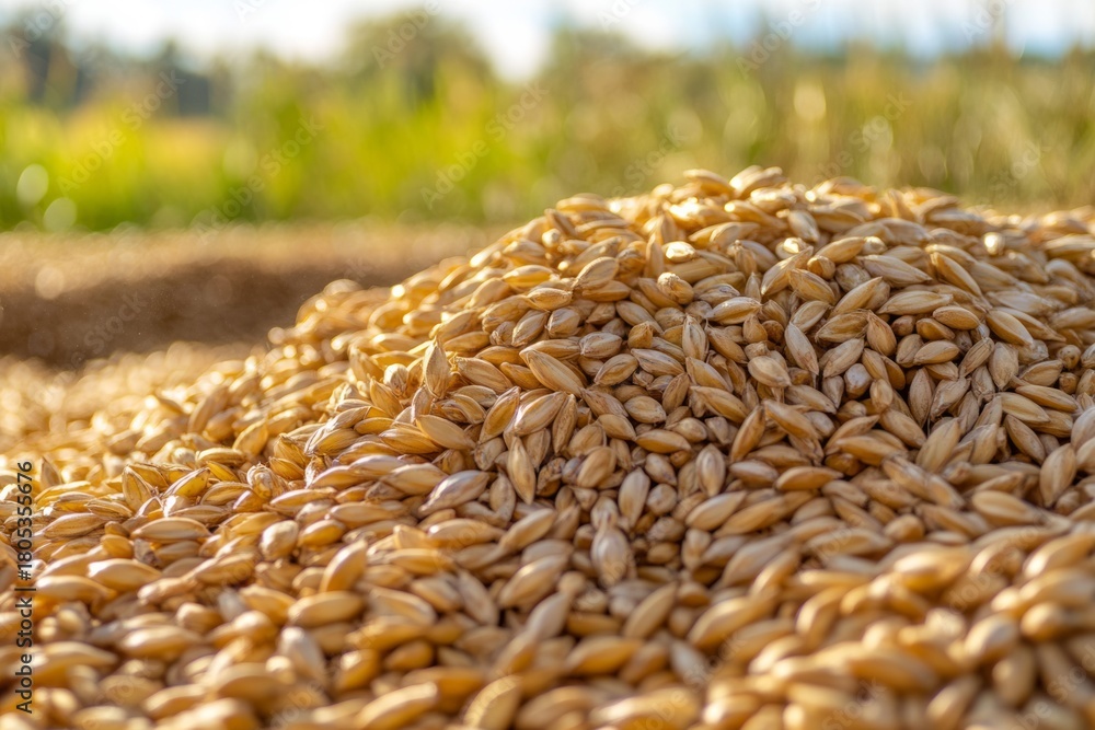 Obraz premium Close-up of wheat grains and stalks in golden field. AI image
