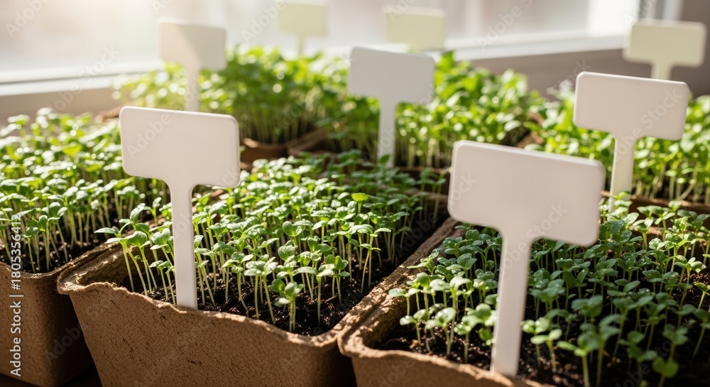 Fototapeta premium sunlit indoor seedlings in biodegradable pots with blank labels for sustainable gardening