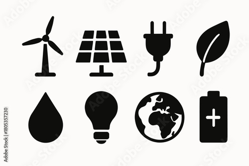 Sustainable energy icons: wind turbine, solar panel, plug, leaf, water, light bulb, earth, battery